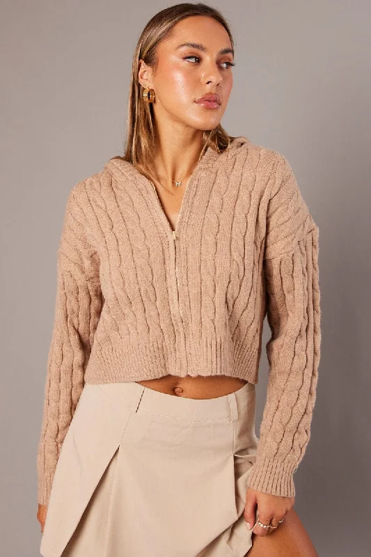 Beige Hooded Cardigan Long Sleeve Cable Knit Zip Up