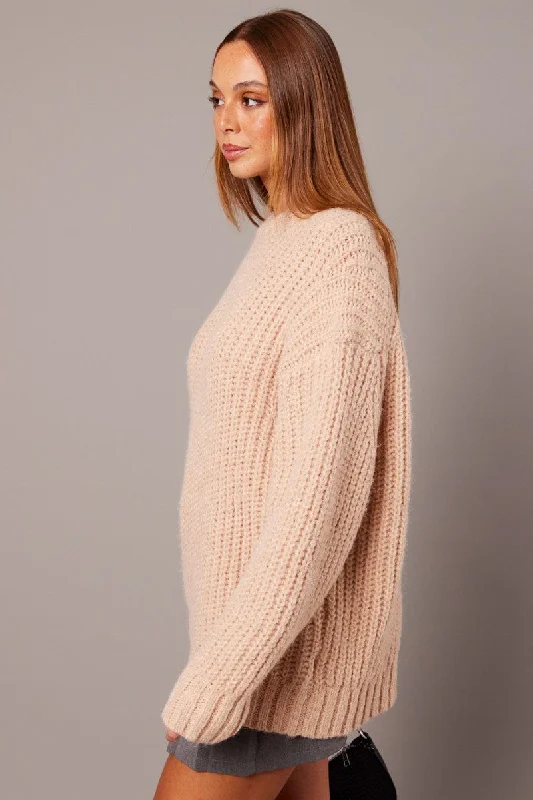 Beige Knit Top Long Sleeve Chunky