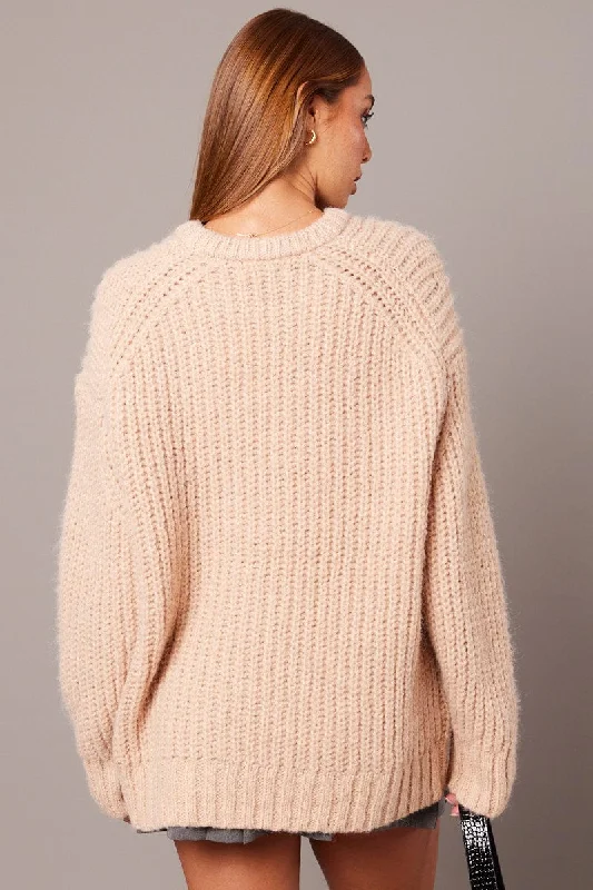 Beige Knit Top Long Sleeve Chunky