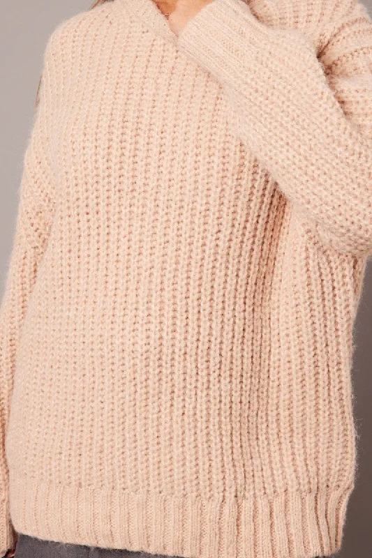 Beige Knit Top Long Sleeve Chunky