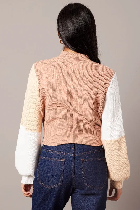 Beige Knit Top Long Sleeve Color Block