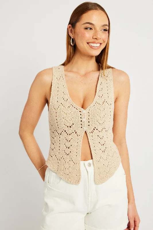 Beige Knit Vest Sleeveless V Neck Crochet Button Up