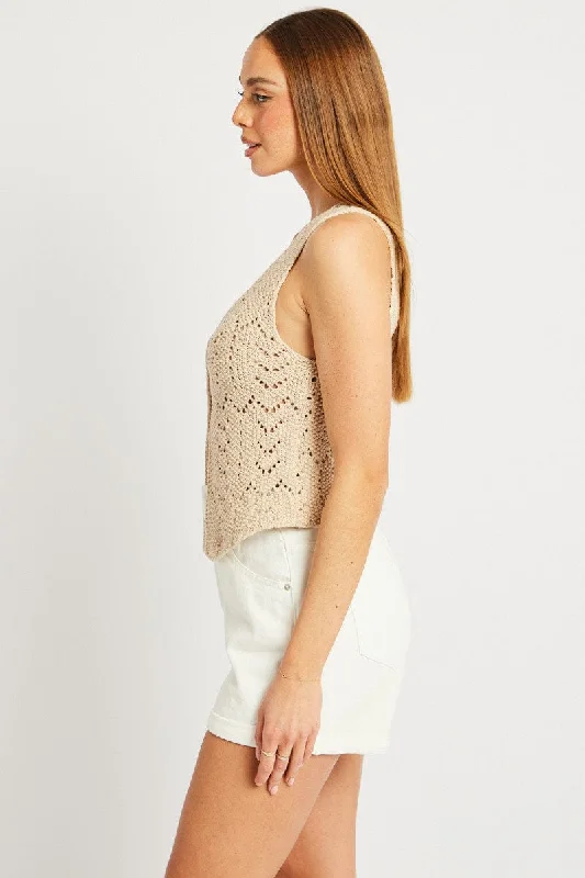 Beige Knit Vest Sleeveless V Neck Crochet Button Up