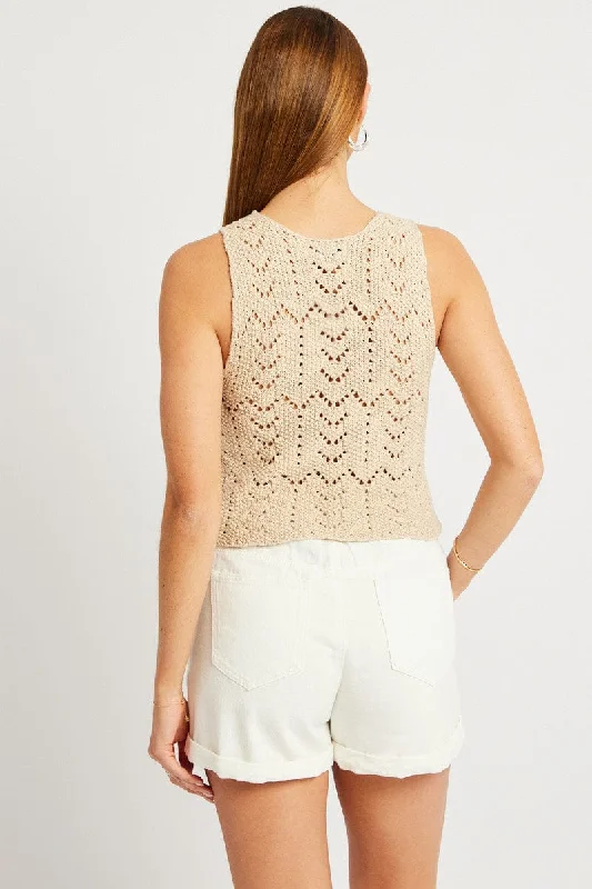 Beige Knit Vest Sleeveless V Neck Crochet Button Up