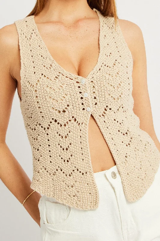 Beige Knit Vest Sleeveless V Neck Crochet Button Up