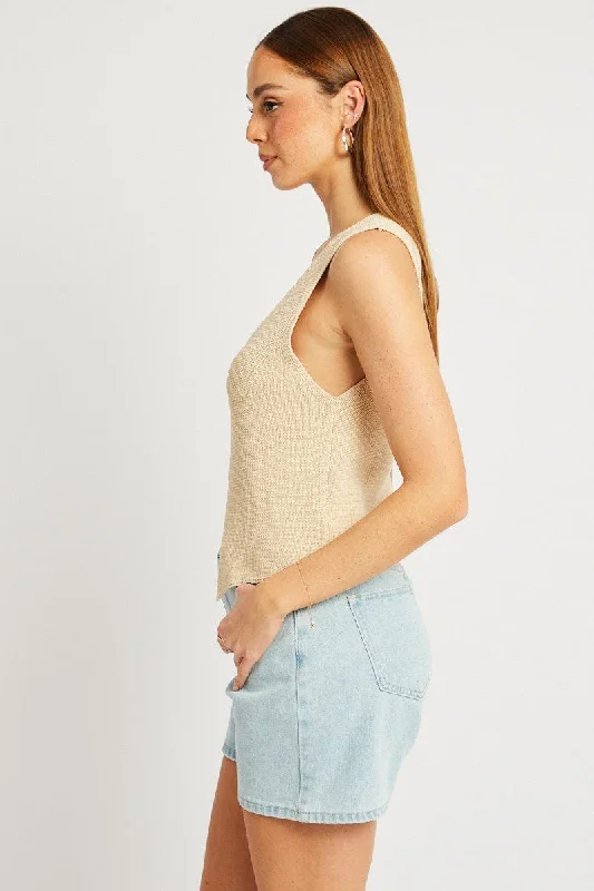 Beige Knit Vest V Neck