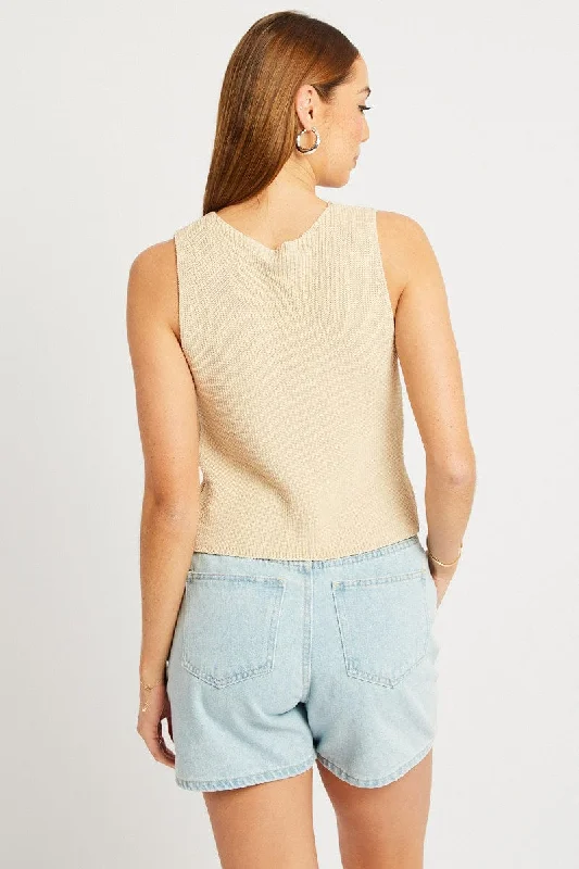 Beige Knit Vest V Neck