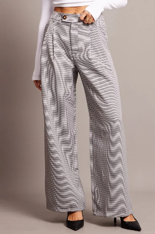 Black Check Wide Leg Pants High Rise