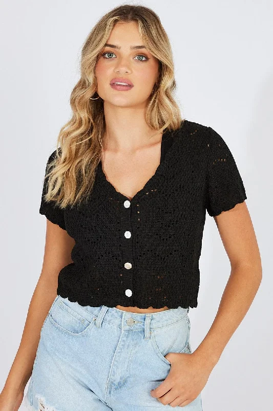 Black Crochet Knit Cardigan Short Sleeve