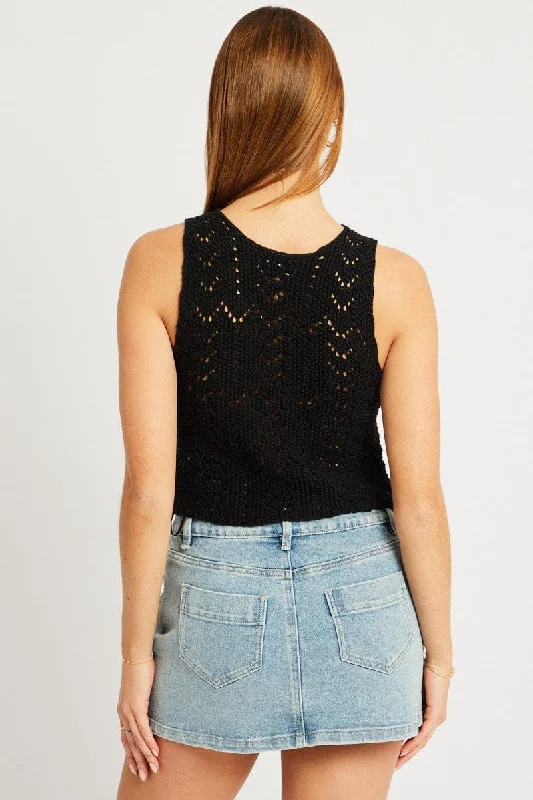 Black Knit Vest Sleeveless V Neck Crochet Button Up