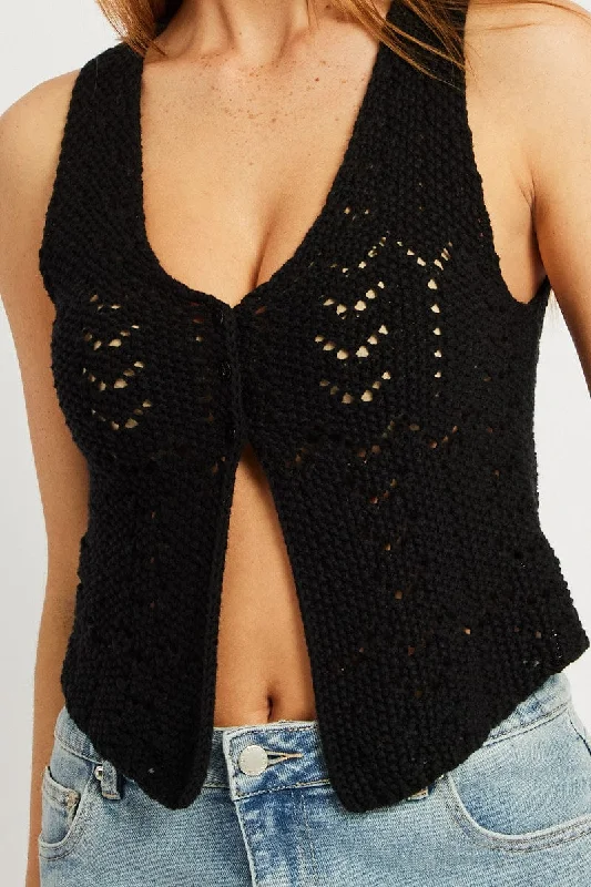 Black Knit Vest Sleeveless V Neck Crochet Button Up