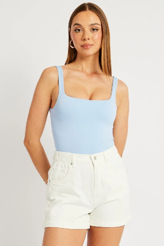 Blue Bodysuit Sleeveless Square Neck Seamless