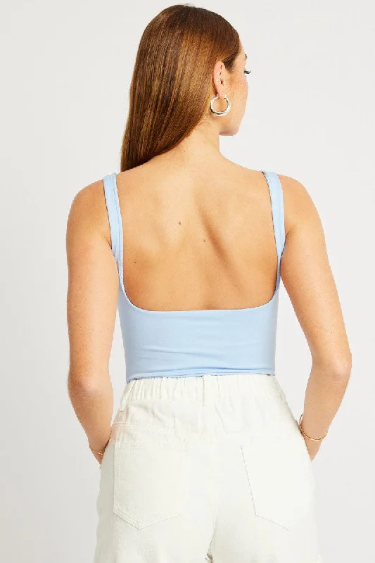 Blue Bodysuit Sleeveless Square Neck Seamless