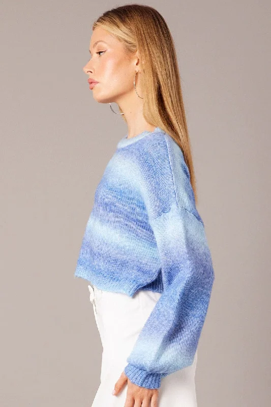 Blue Knit Top Long Sleeve Ombre