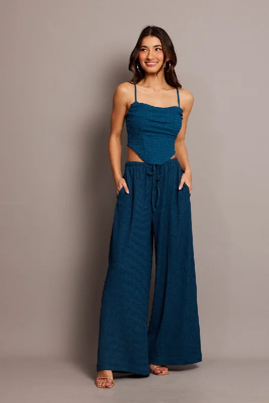 Blue Wide Leg Pants High Rise Textured Fabric