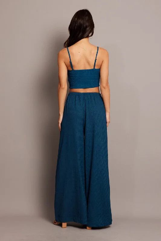 Blue Wide Leg Pants High Rise Textured Fabric