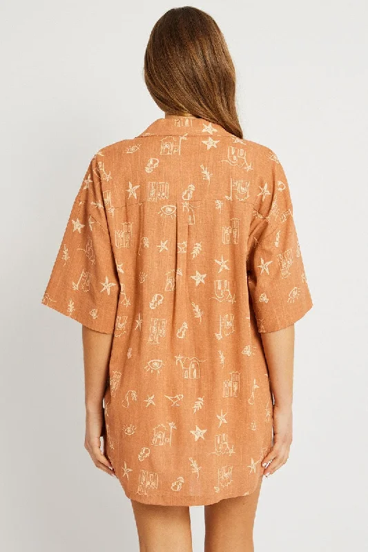 Brown Abstract Relaxed Shirt Short Sleeve