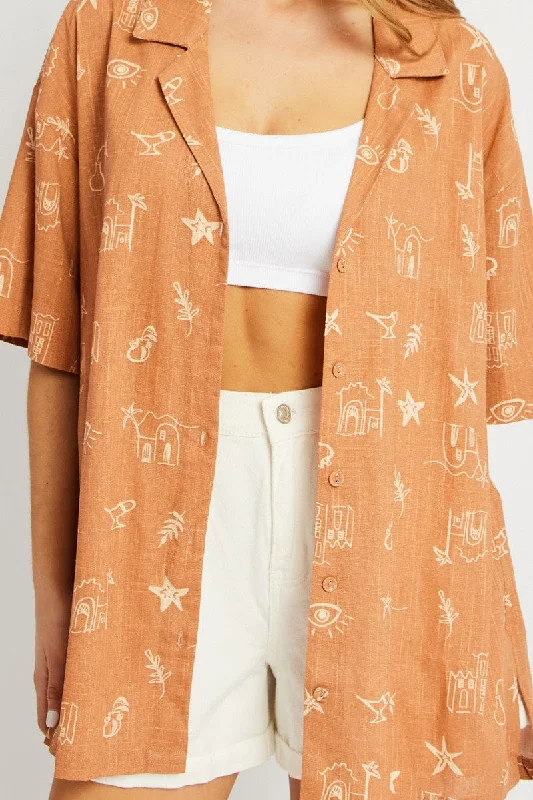 Brown Abstract Relaxed Shirt Short Sleeve