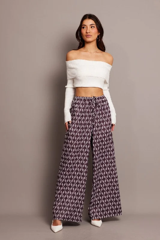 Brown Geo Wide Leg Pants High Rise