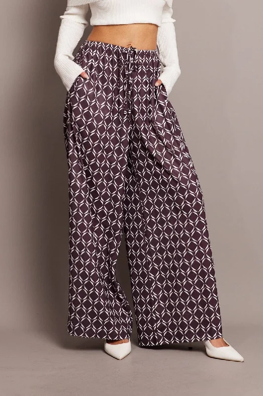 Brown Geo Wide Leg Pants High Rise