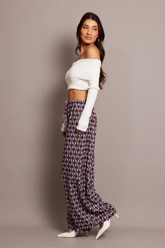 Brown Geo Wide Leg Pants High Rise