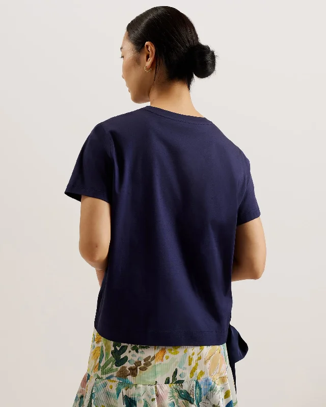 Doretaa Satin Panel Tie Jersey T-Shirt Navy