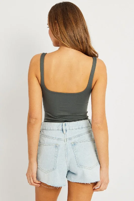 Grey Bodysuit Sleeveless Square Neck Seamless