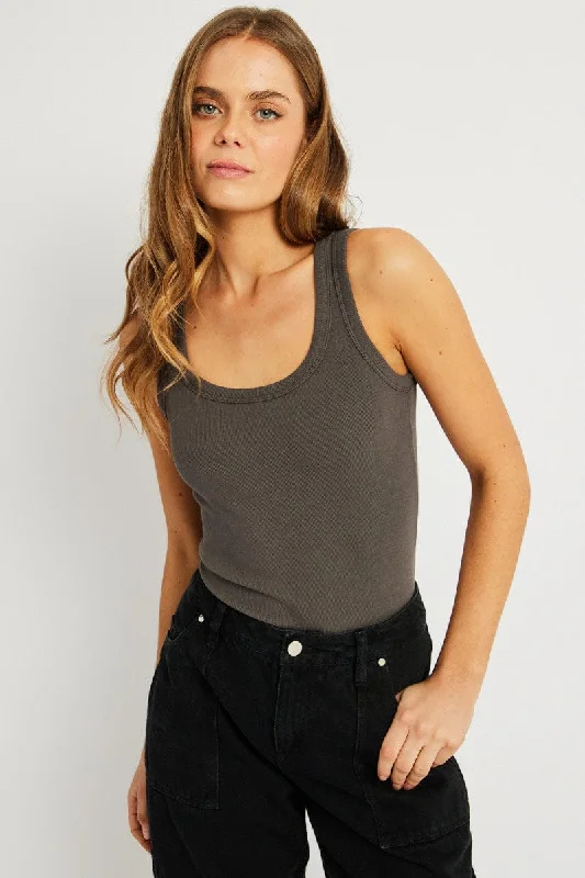 Grey Singlet Top Contrast Stitch