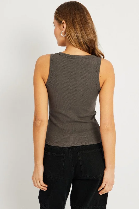 Grey Singlet Top Contrast Stitch