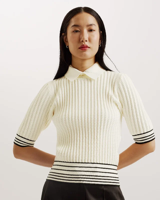 Morliee Puff Sleeve Knit Top With Collar Ivory