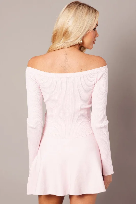 Pink Knit Top Long Sleeve Off Shoulder