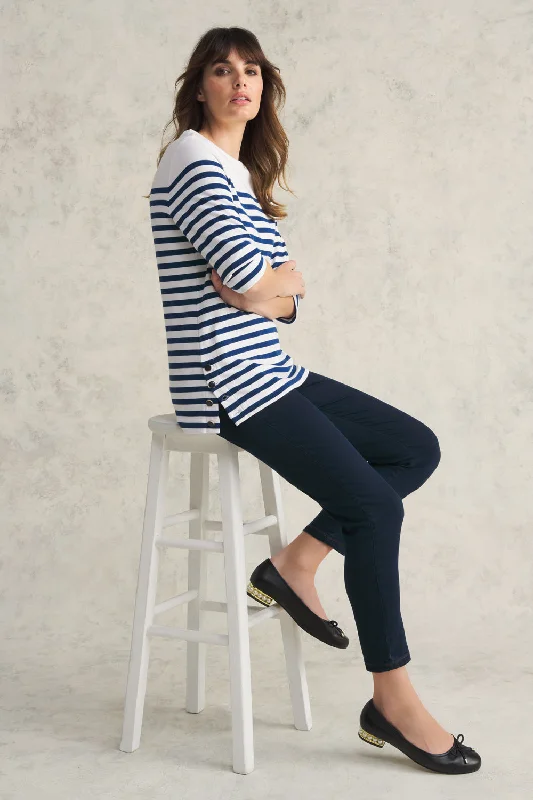 Button Detail Top - Blue White Stripe