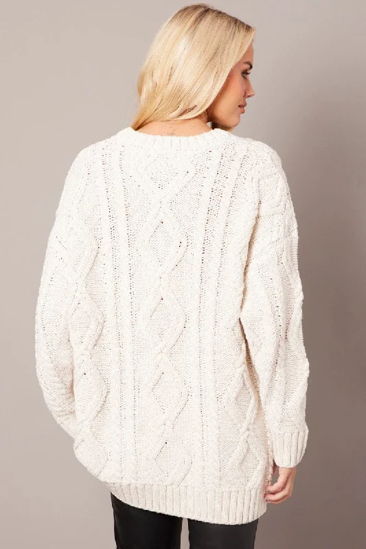 White Cable Knit Top Long Sleeve Longline