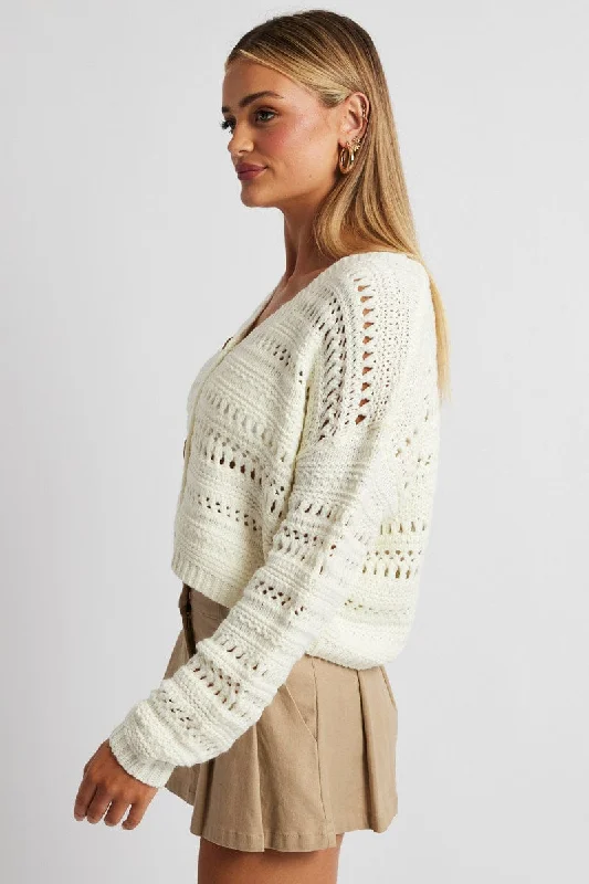 White Crochet Cardigan Long Sleeve V Neck