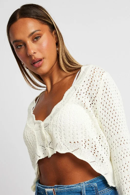 White Crochet Cardigan V Neck Cropped