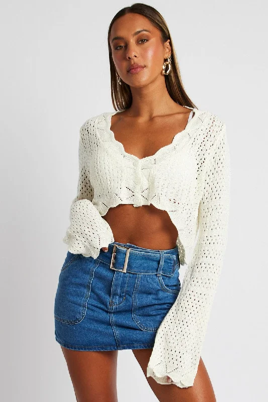 White Crochet Cardigan V Neck Cropped