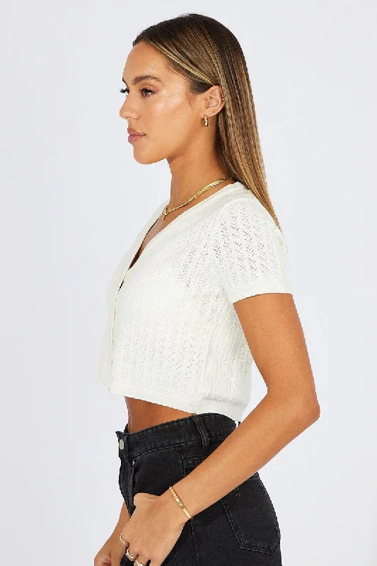 White Knit Cardigan Short Sleeve V Neck