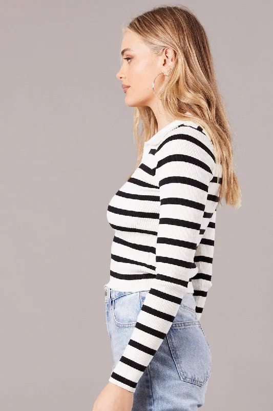 White Stripe Knit Top Long Sleeve Collared