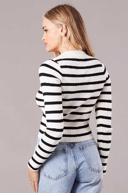 White Stripe Knit Top Long Sleeve Collared