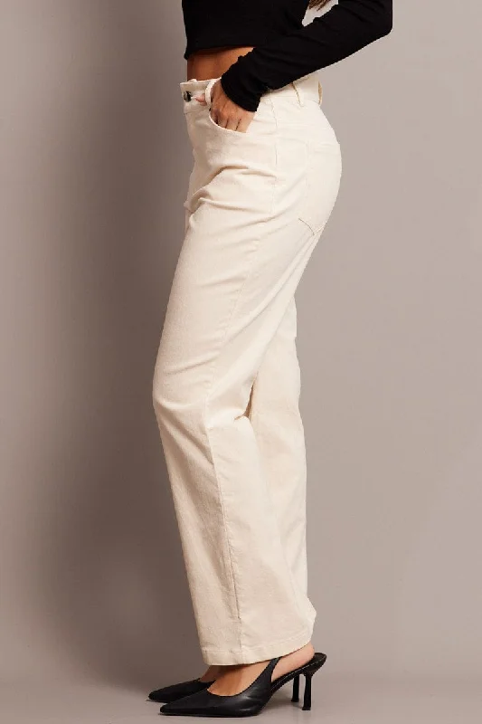 White Wide Leg Pants High Rise Corduroy