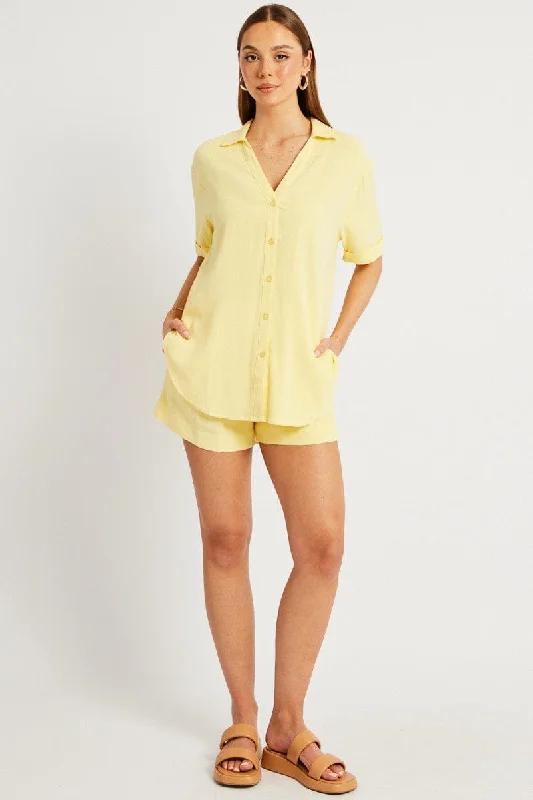 Yellow Relaxed Shirt Short Sleeve Linen Blend