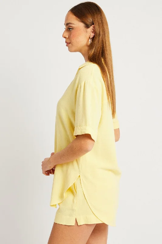 Yellow Relaxed Shirt Short Sleeve Linen Blend