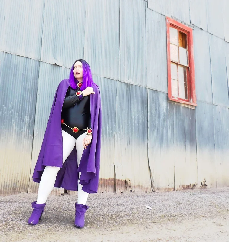 Standard Teen Titans Raven Inspired Sleek Black Bodysuit with Zipper at Back, Fitted Cape with Exaggerated Hood, and Purple Wrist Bands Cosplay Pack