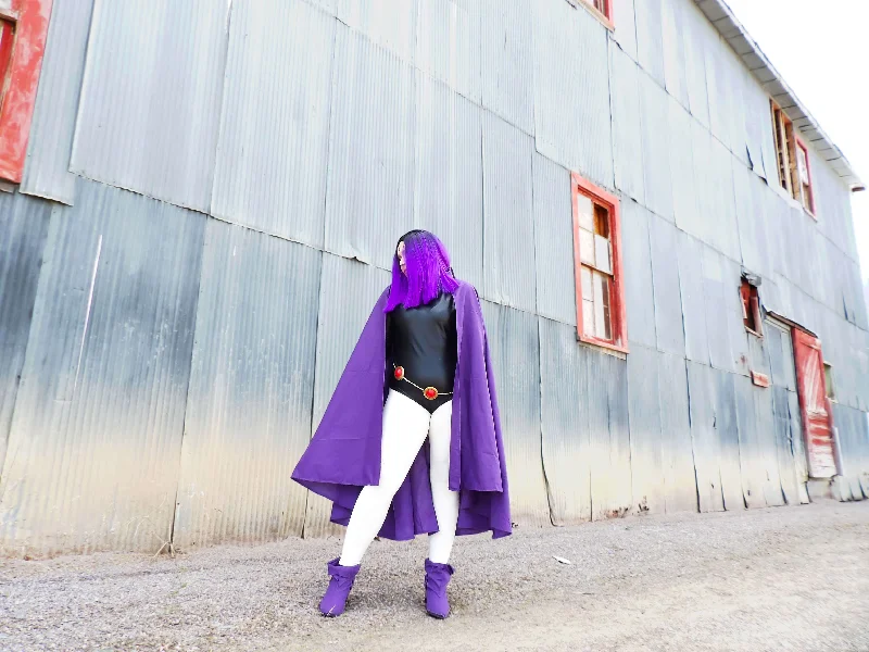 Standard Teen Titans Raven Inspired Sleek Black Bodysuit with Zipper at Back, Fitted Cape with Exaggerated Hood, and Purple Wrist Bands Cosplay Pack