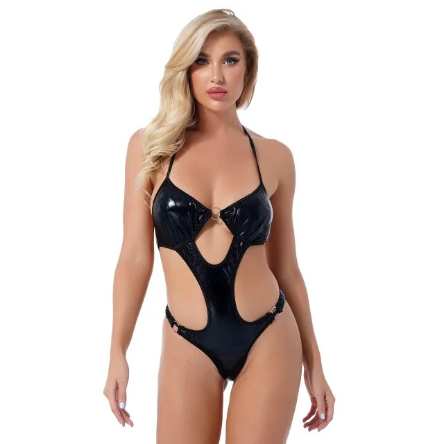 Womens Erotic Teddies Bodysuit Halter Lace-up Cutout Patent Leather Sexy Leotard Jumpsuits Wet Look One-piece Swimsuit Swimwear