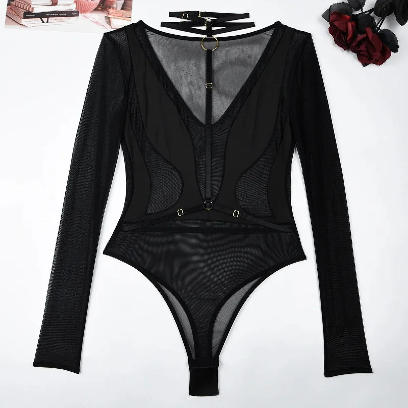 Zora Transparent Lace Long Sleeve Mesh Bodysuit